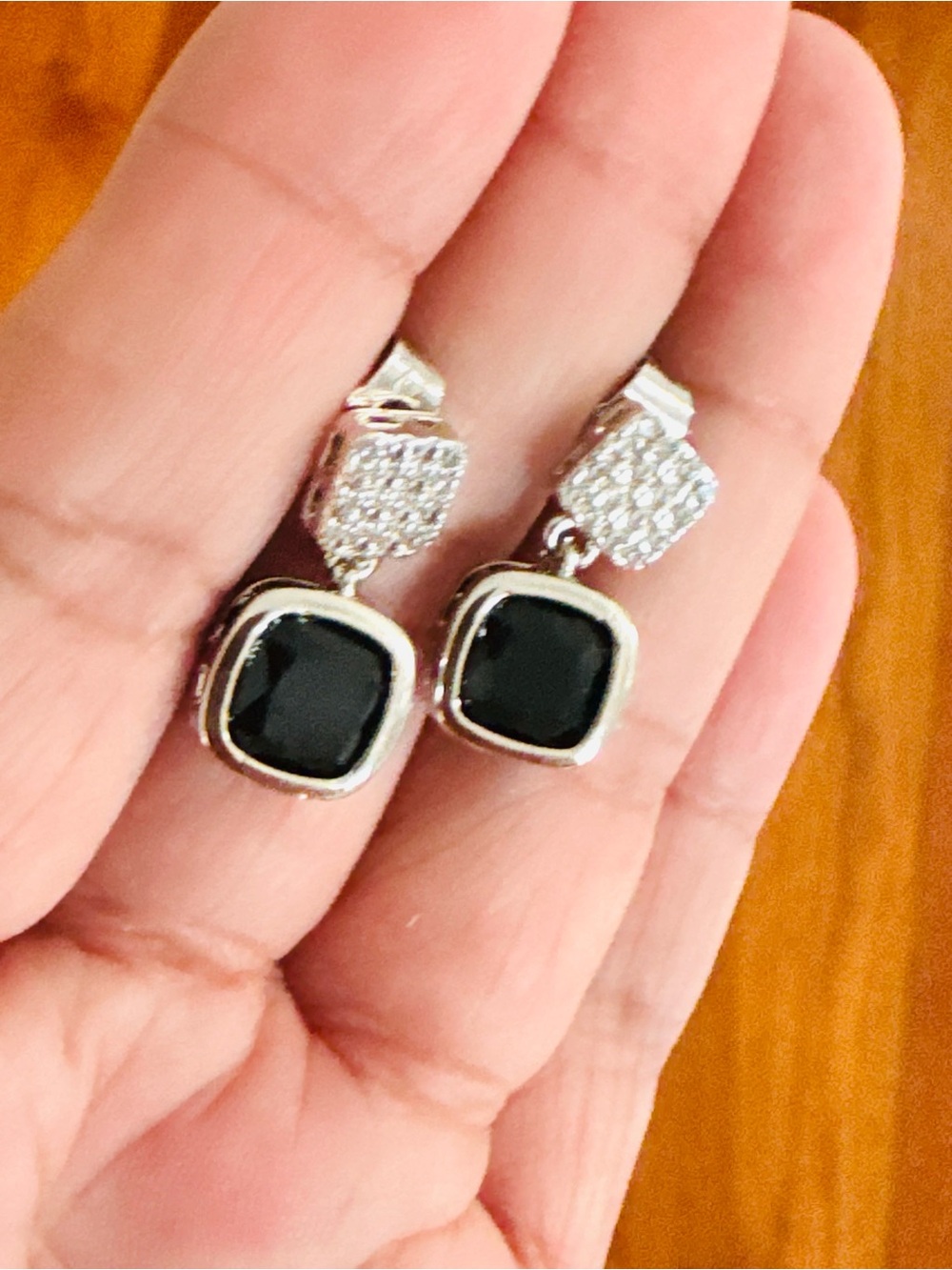 Elegant Silver Plated Drop stud Earrings with Black stone Accent. New